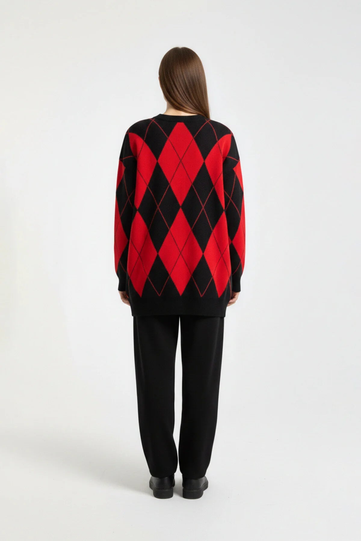 Bisiklet Yaka Baklava Desen Oversize Triko