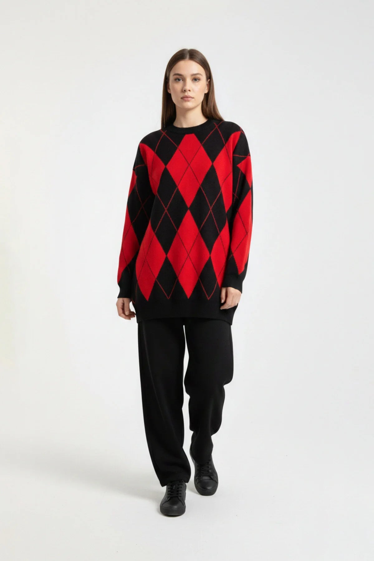 Bisiklet Yaka Baklava Desen Oversize Triko