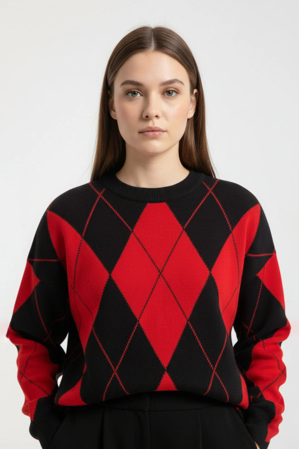 Bisiklet Yaka Baklava Desen Oversize Triko