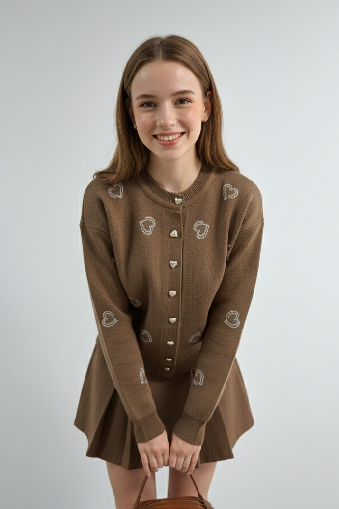 Bisiklet Yaka Kalp Düğme ve Kalpler Nakışlı Triko Hırka