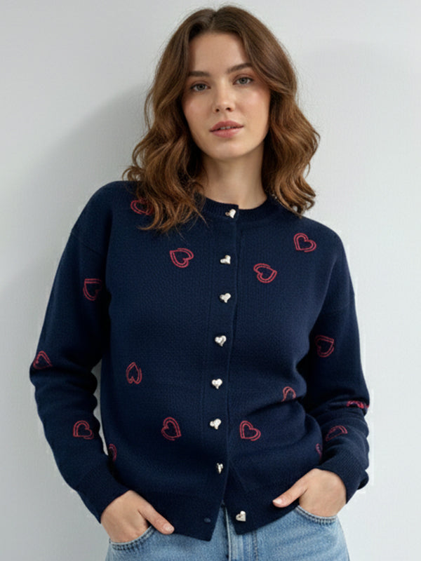 Bisiklet Yaka Kalp Düğme ve Kalpler Nakışlı Triko Hırka