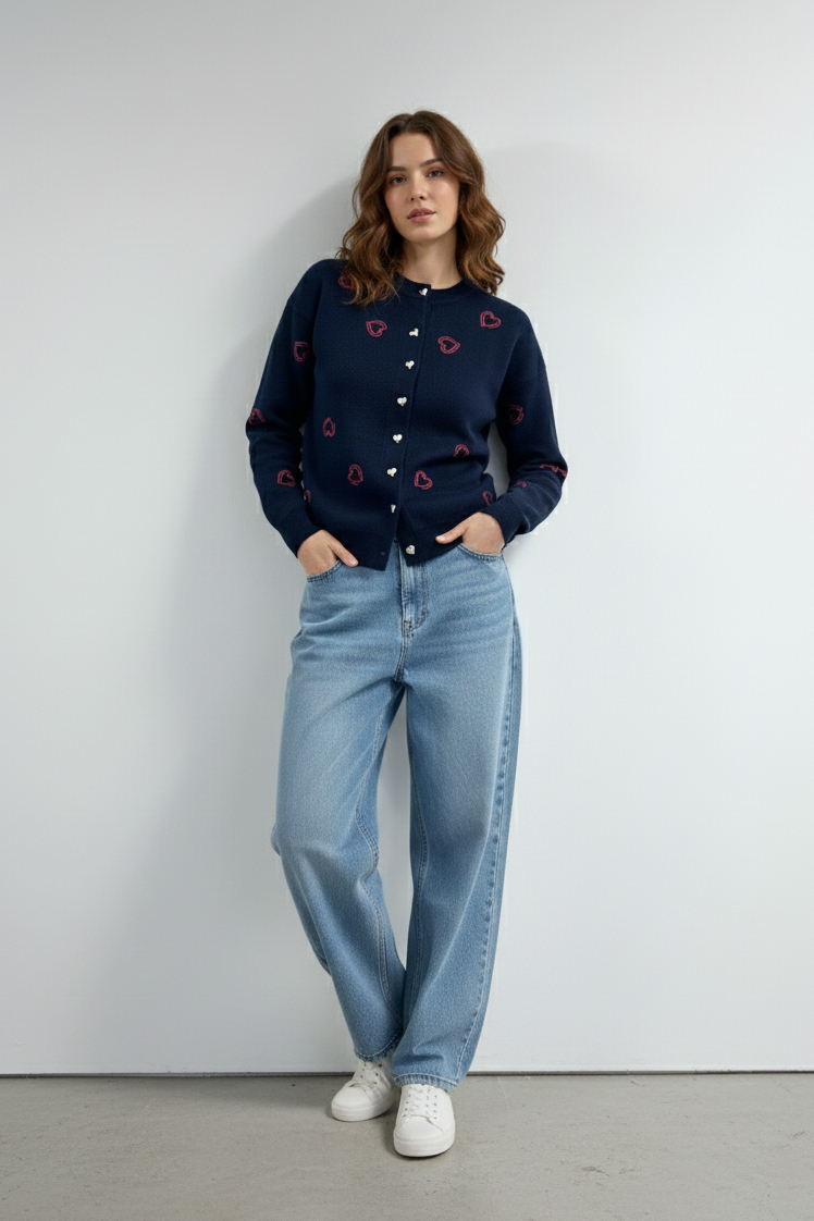 Bisiklet Yaka Kalp Düğme ve Kalpler Nakışlı Triko Hırka