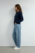 Bisiklet Yaka Kalp Düğme ve Kalpler Nakışlı Triko Hırka