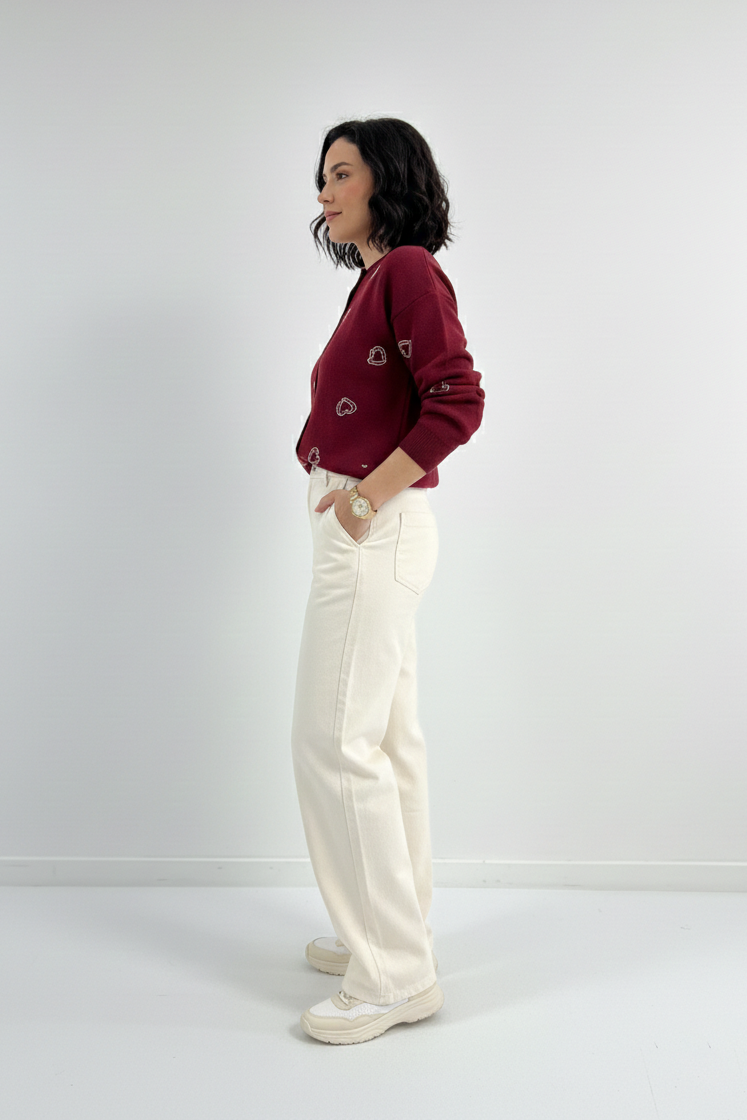 Bisiklet Yaka Kalp Düğme ve Kalpler Nakışlı Triko Hırka