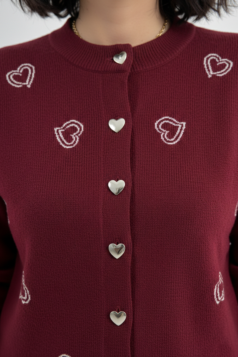 Bisiklet Yaka Kalp Düğme ve Kalpler Nakışlı Triko Hırka