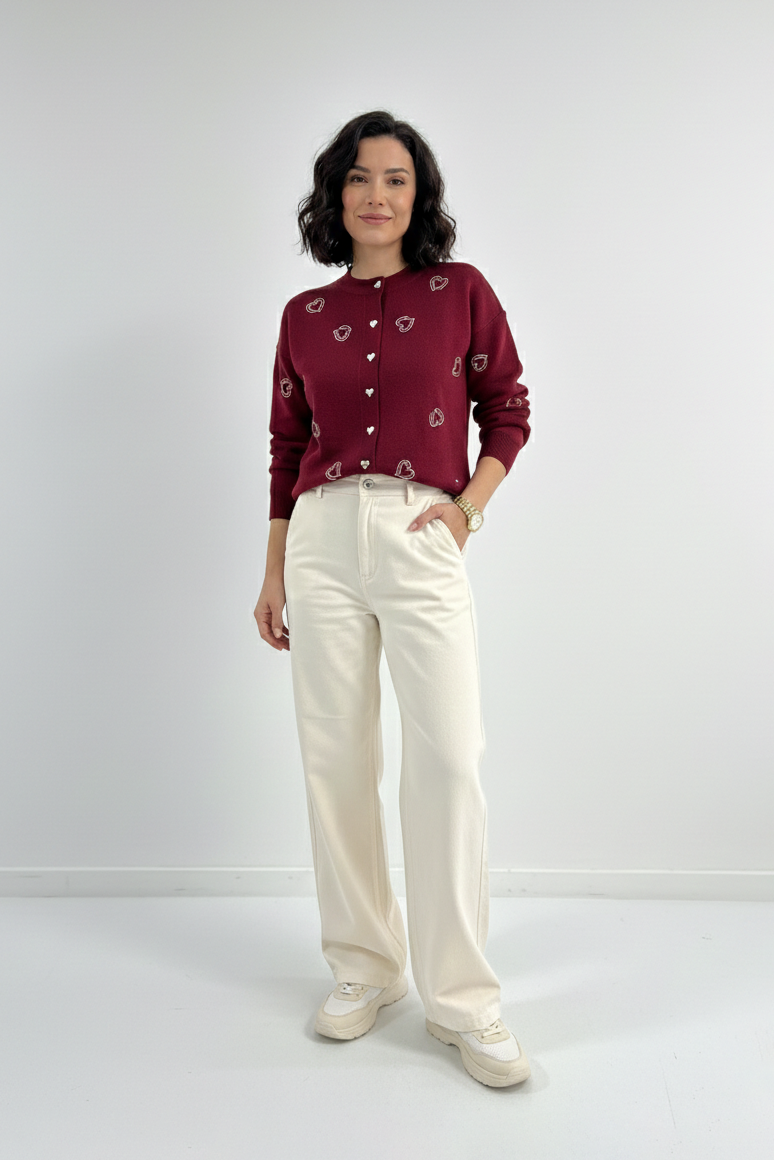 Bisiklet Yaka Kalp Düğme ve Kalpler Nakışlı Triko Hırka