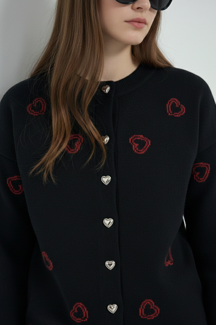 Bisiklet Yaka Kalp Düğme ve Kalpler Nakışlı Triko Hırka