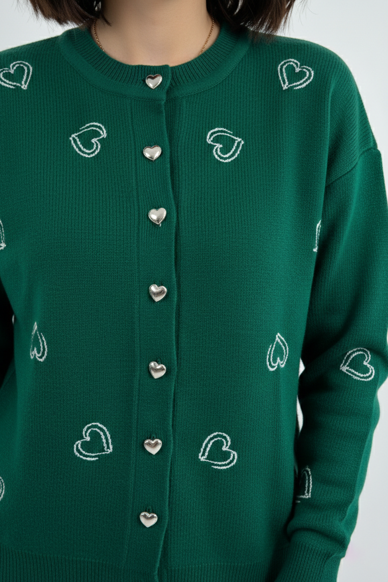 Bisiklet Yaka Kalp Düğme ve Kalpler Nakışlı Triko Hırka