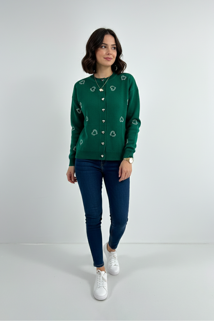 Bisiklet Yaka Kalp Düğme ve Kalpler Nakışlı Triko Hırka