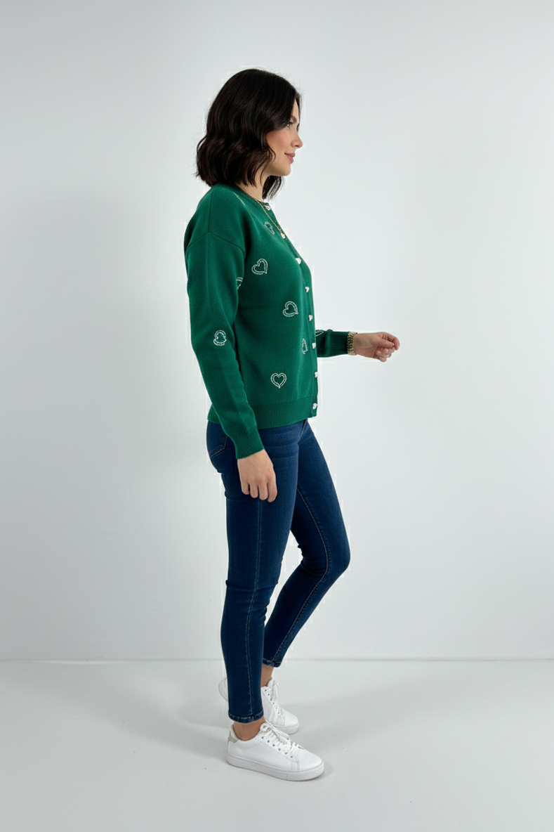 Bisiklet Yaka Kalp Düğme ve Kalpler Nakışlı Triko Hırka