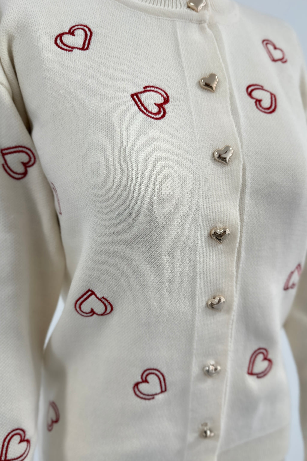 Bisiklet Yaka Kalp Düğme ve Kalpler Nakışlı Triko Hırka