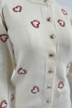 Bisiklet Yaka Kalp Düğme ve Kalpler Nakışlı Triko Hırka