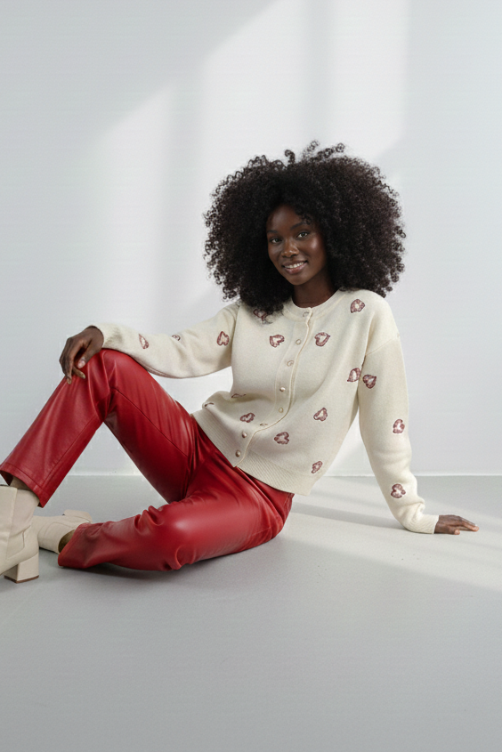 Bisiklet Yaka Kalp Düğme ve Kalpler Nakışlı Triko Hırka