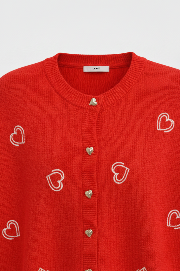 Bisiklet Yaka Kalp Düğme ve Kalpler Nakışlı Triko Hırka