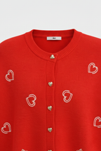 Bisiklet Yaka Kalp Düğme ve Kalpler Nakışlı Triko Hırka