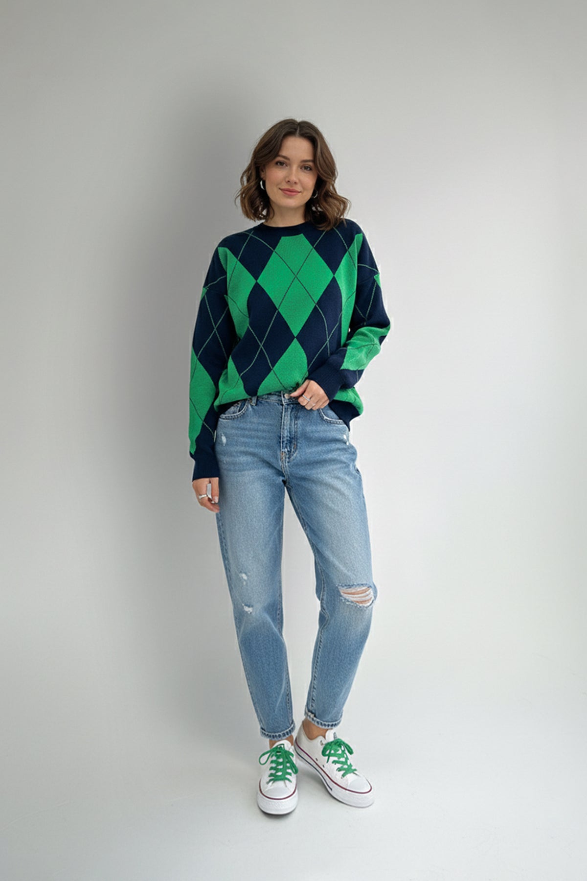 Bisiklet Yaka Baklava Desen Oversize Triko