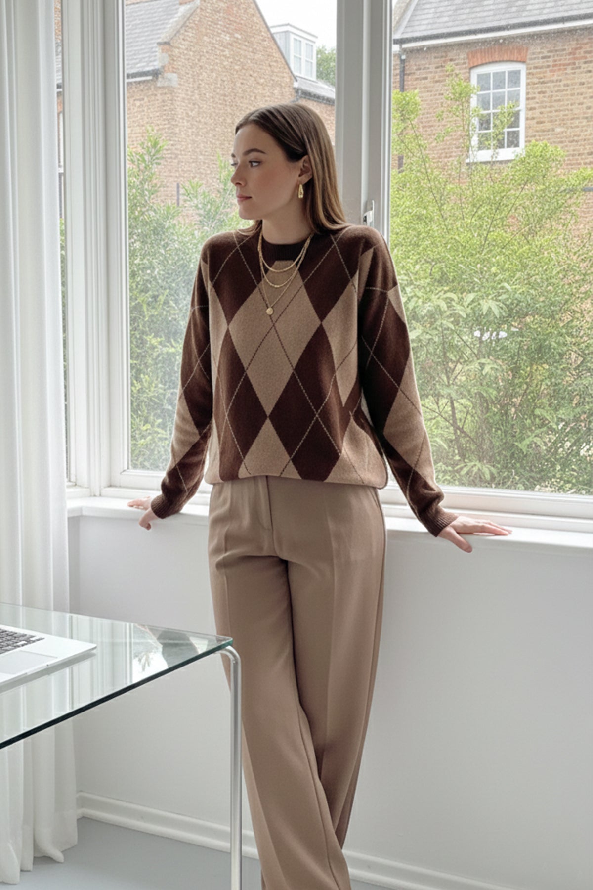 Bisiklet Yaka Baklava Desen Oversize Triko