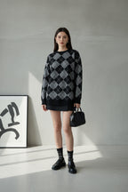 Bisiklet Yaka Oxford Baklava Desen Oversize Triko