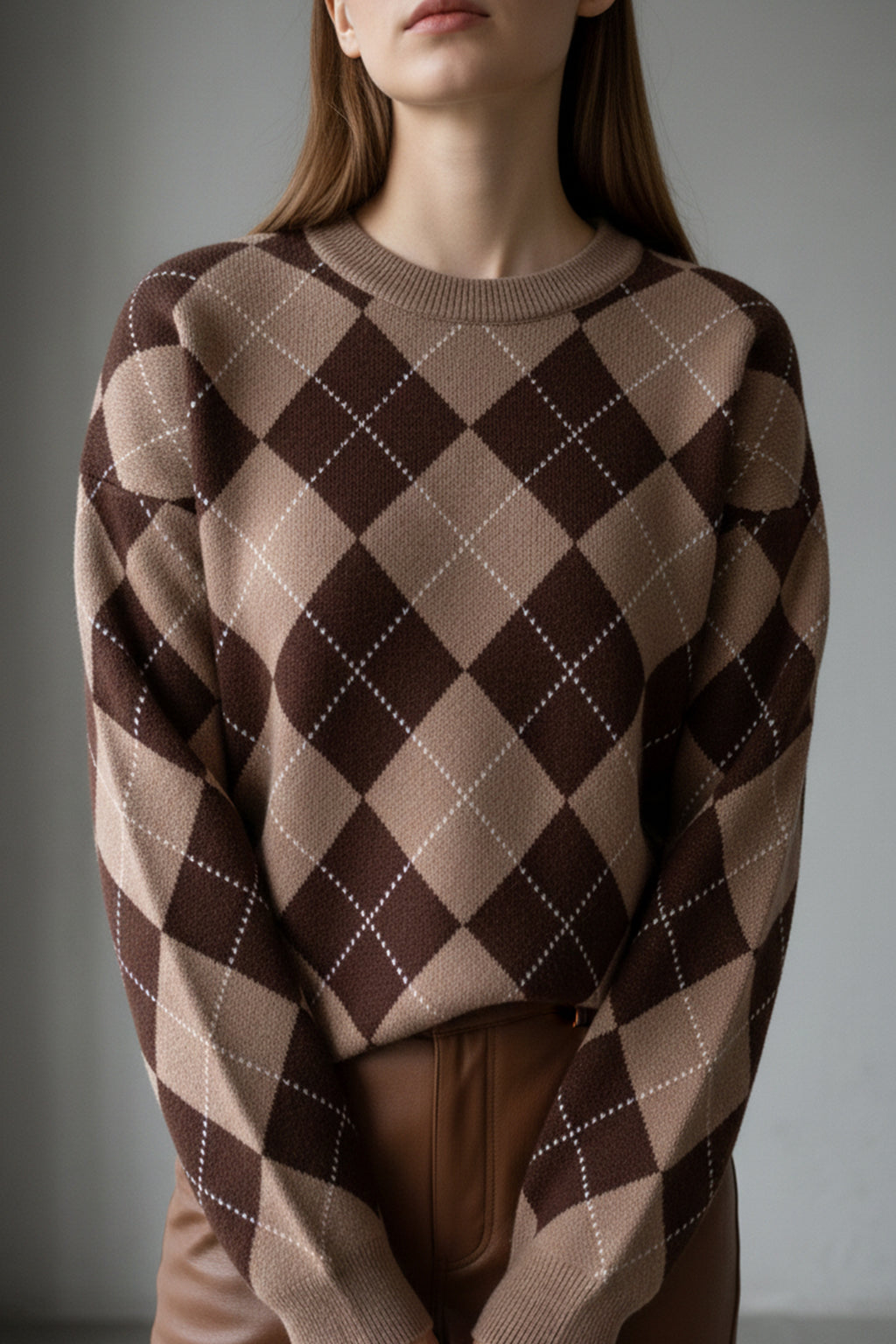 Bisiklet Yaka Oxford Baklava Desen Oversize Triko