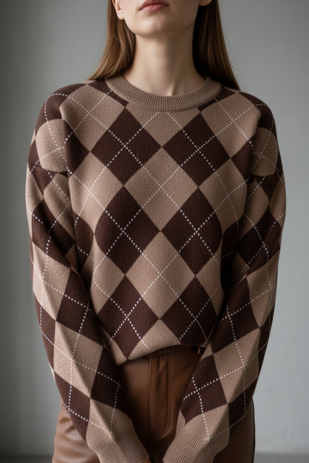 Bisiklet Yaka Oxford Baklava Desen Oversize Triko