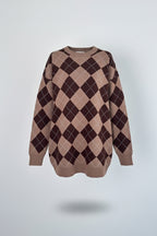 Bisiklet Yaka Oxford Baklava Desen Oversize Triko