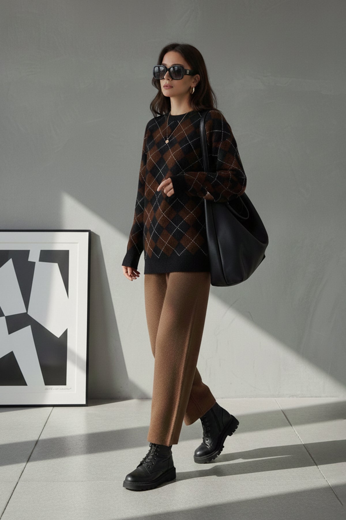 Bisiklet Yaka Oxford Baklava Desen Oversize Triko