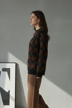 Bisiklet Yaka Oxford Baklava Desen Oversize Triko