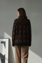 Bisiklet Yaka Oxford Baklava Desen Oversize Triko