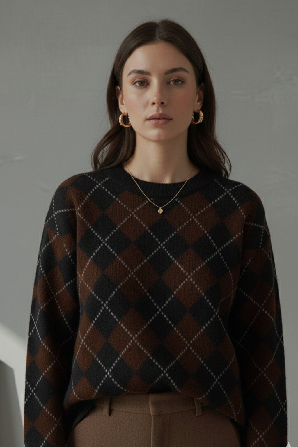 Bisiklet Yaka Oxford Baklava Desen Oversize Triko