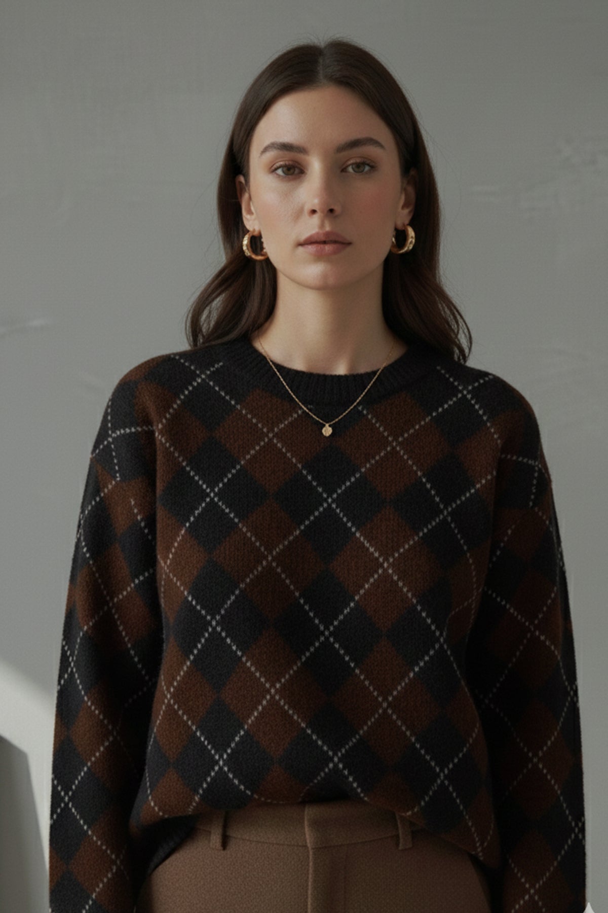 Bisiklet Yaka Oxford Baklava Desen Oversize Triko