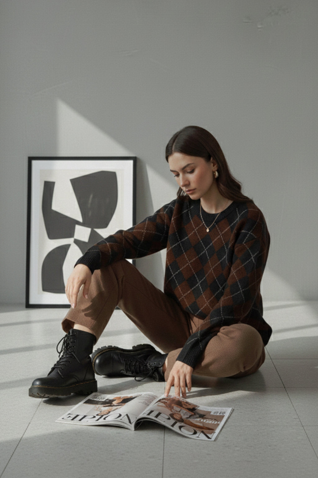 Bisiklet Yaka Oxford Baklava Desen Oversize Triko