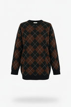 Bisiklet Yaka Oxford Baklava Desen Oversize Triko