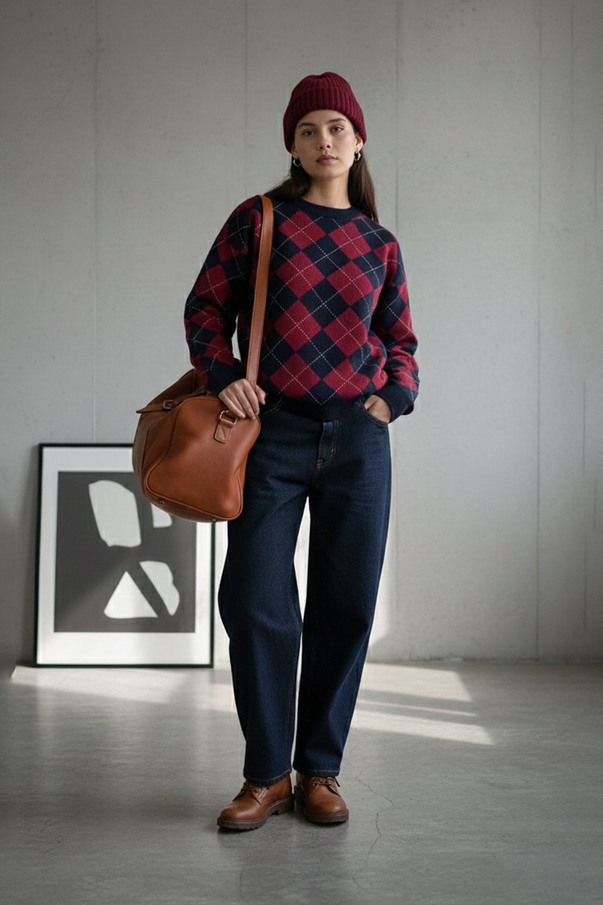 Bisiklet Yaka Oxford Baklava Desen Oversize Triko