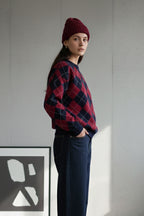 Bisiklet Yaka Oxford Baklava Desen Oversize Triko