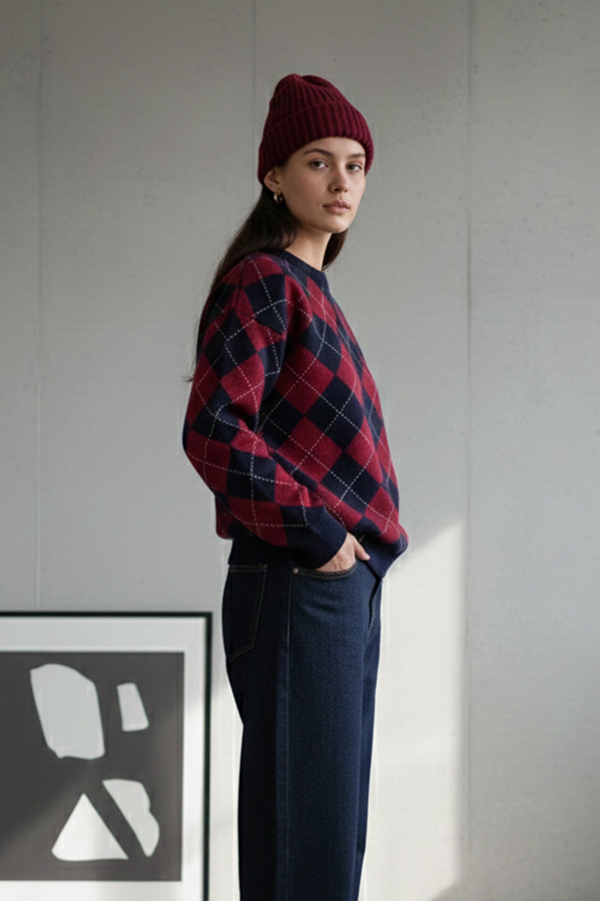 Bisiklet Yaka Oxford Baklava Desen Oversize Triko