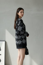 Bisiklet Yaka Oxford Baklava Desen Oversize Triko