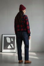 Bisiklet Yaka Oxford Baklava Desen Oversize Triko