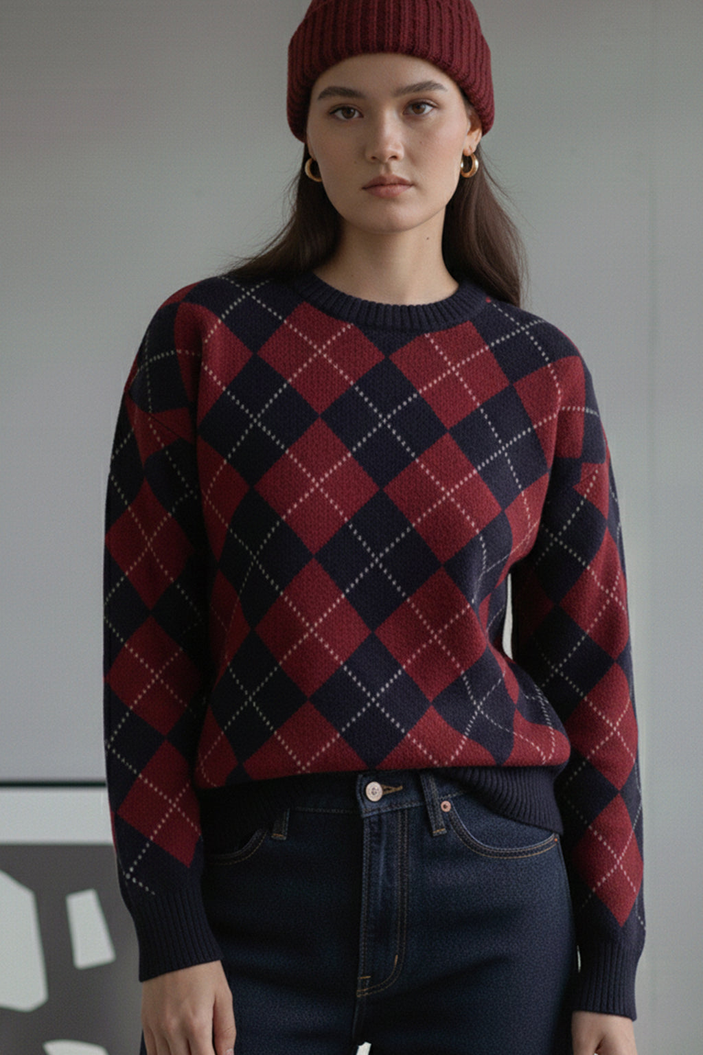 Bisiklet Yaka Oxford Baklava Desen Oversize Triko