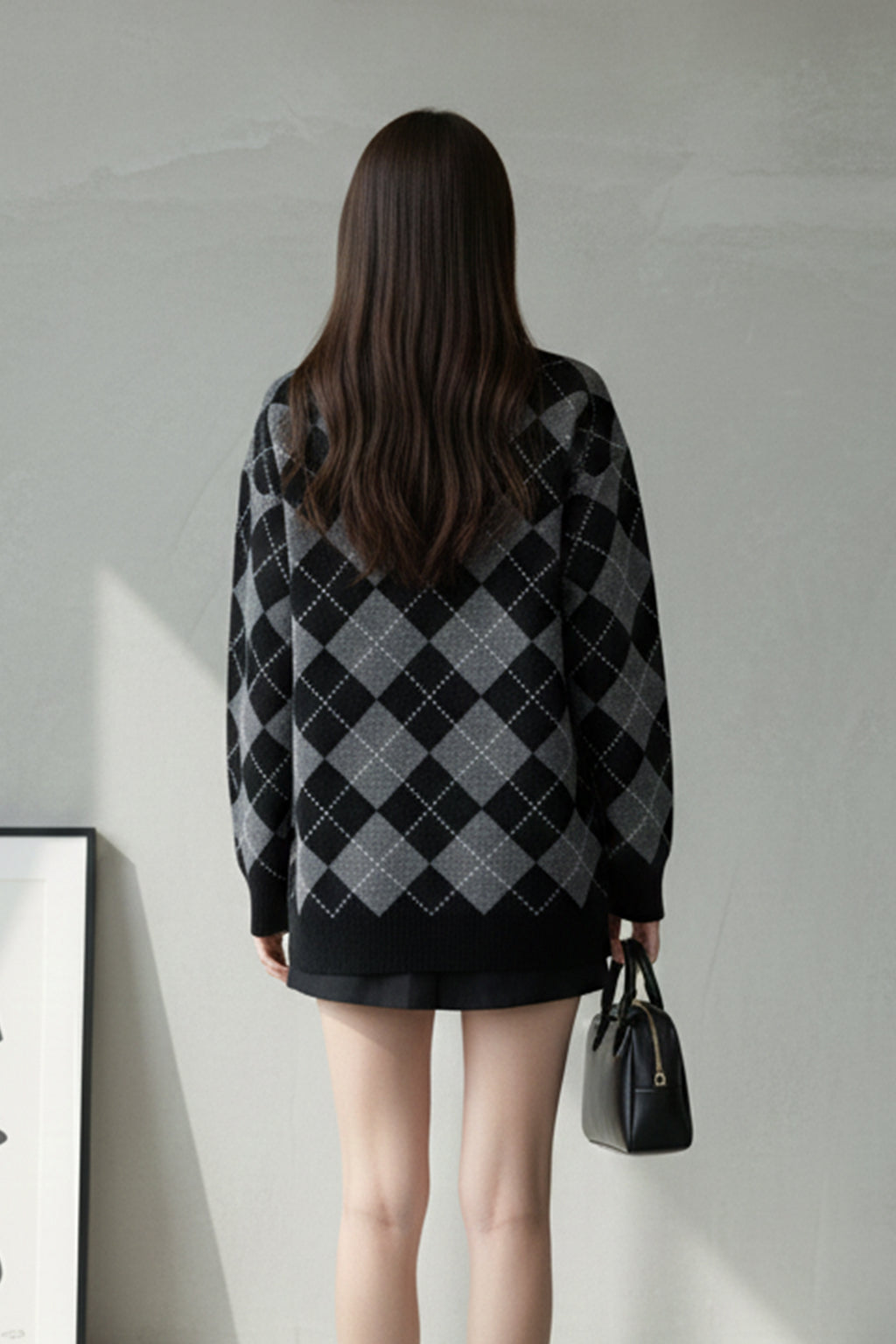 Bisiklet Yaka Oxford Baklava Desen Oversize Triko