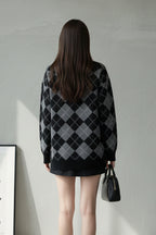 Bisiklet Yaka Oxford Baklava Desen Oversize Triko