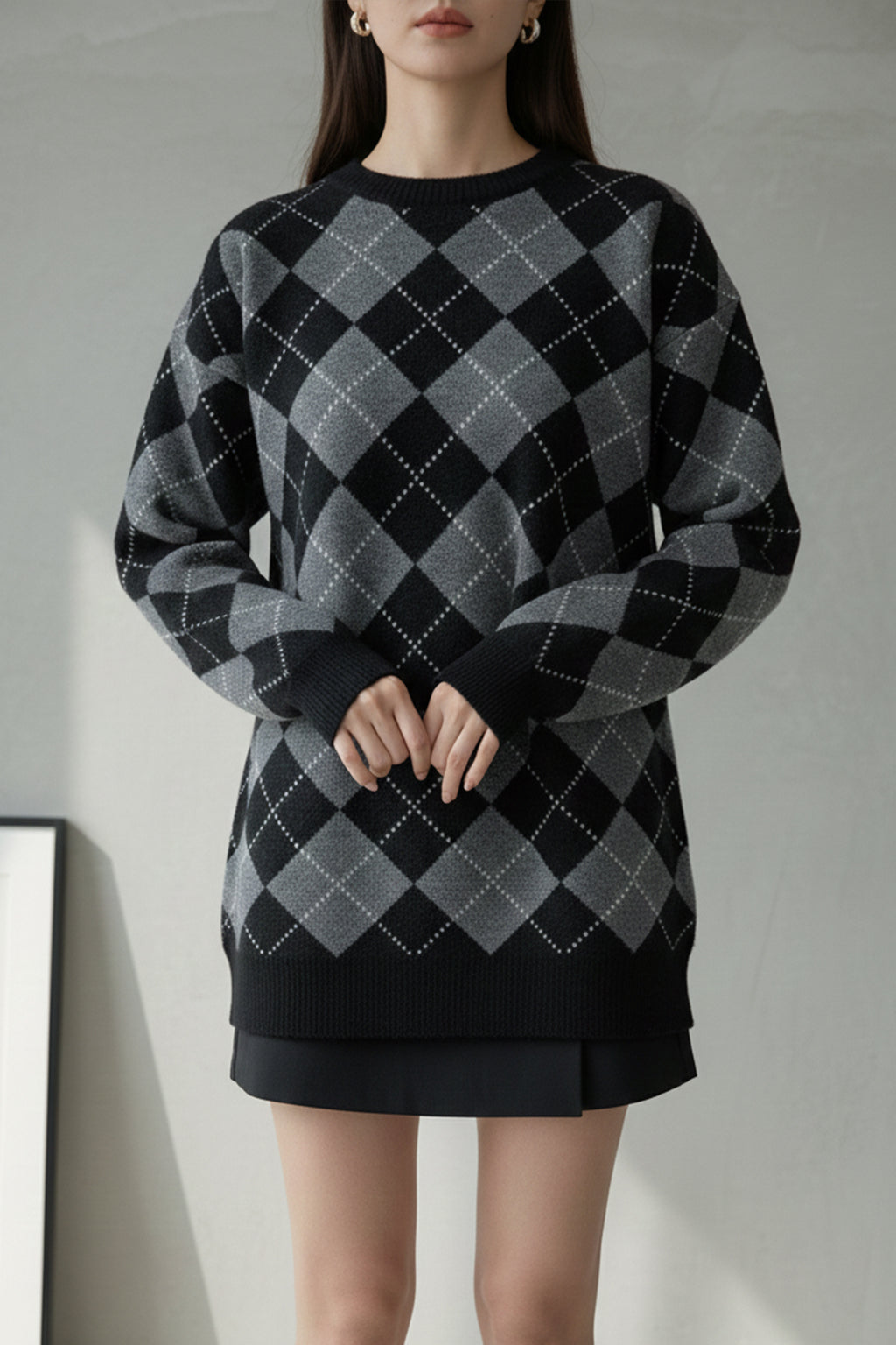 Bisiklet Yaka Oxford Baklava Desen Oversize Triko