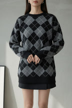 Bisiklet Yaka Oxford Baklava Desen Oversize Triko