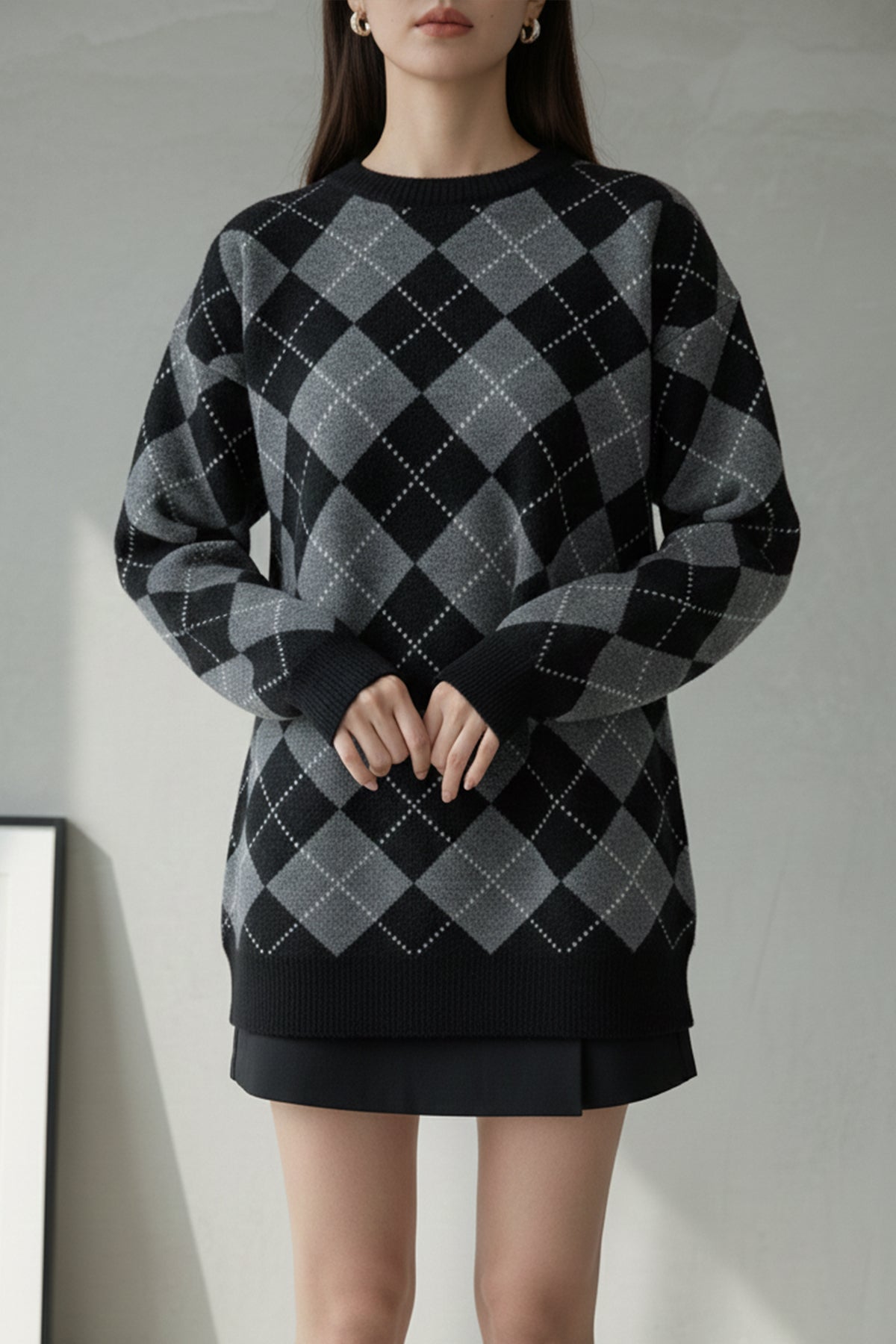 Bisiklet Yaka Oxford Baklava Desen Oversize Triko