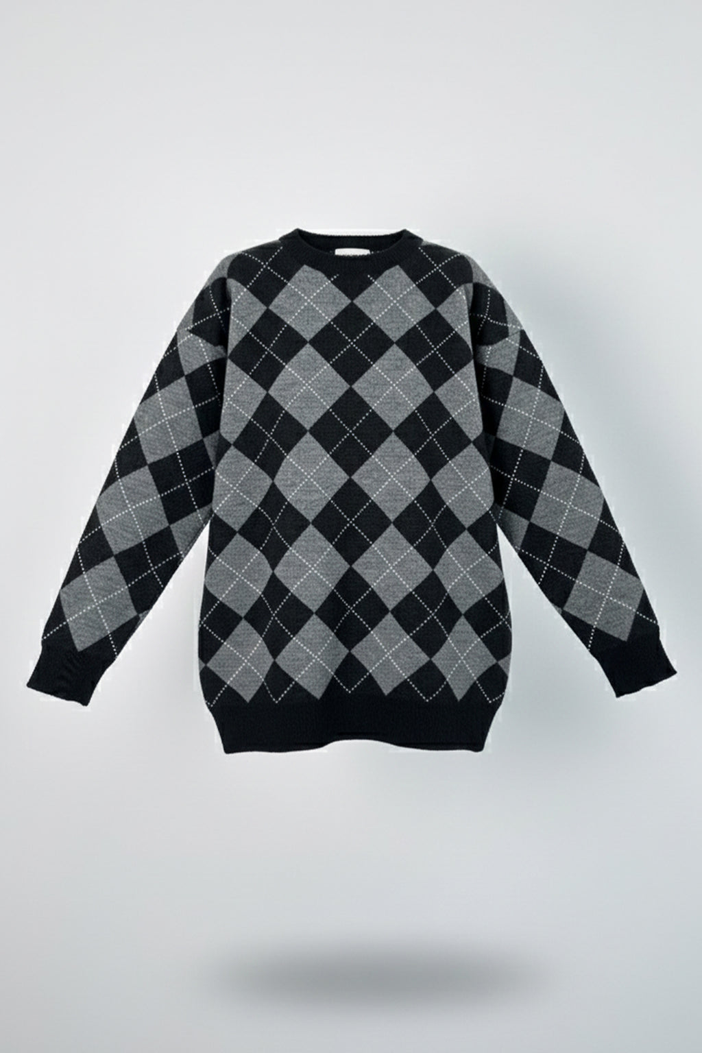 Bisiklet Yaka Oxford Baklava Desen Oversize Triko