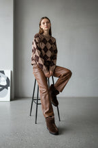 Bisiklet Yaka Oxford Baklava Desen Oversize Triko