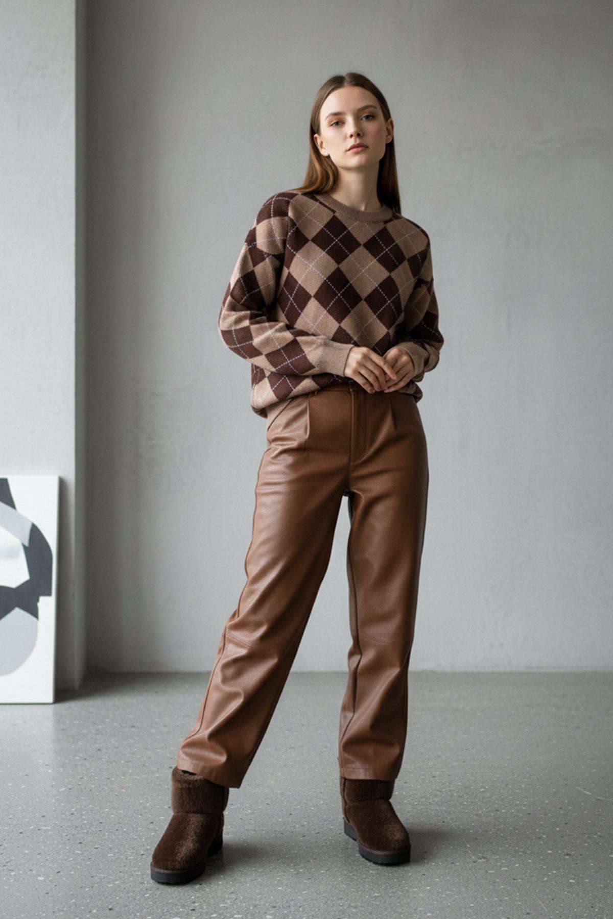 Bisiklet Yaka Oxford Baklava Desen Oversize Triko