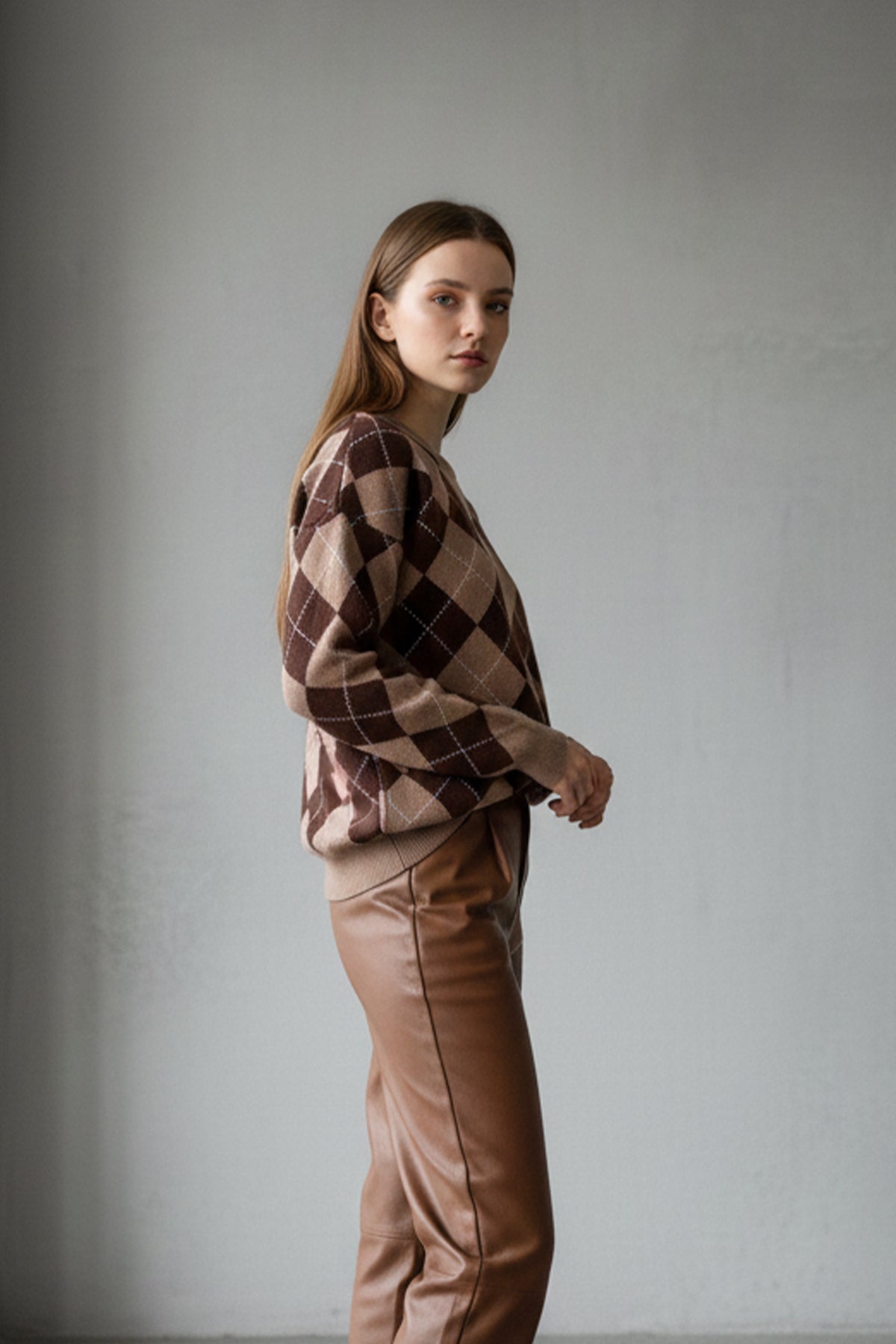 Bisiklet Yaka Oxford Baklava Desen Oversize Triko