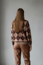 Bisiklet Yaka Oxford Baklava Desen Oversize Triko