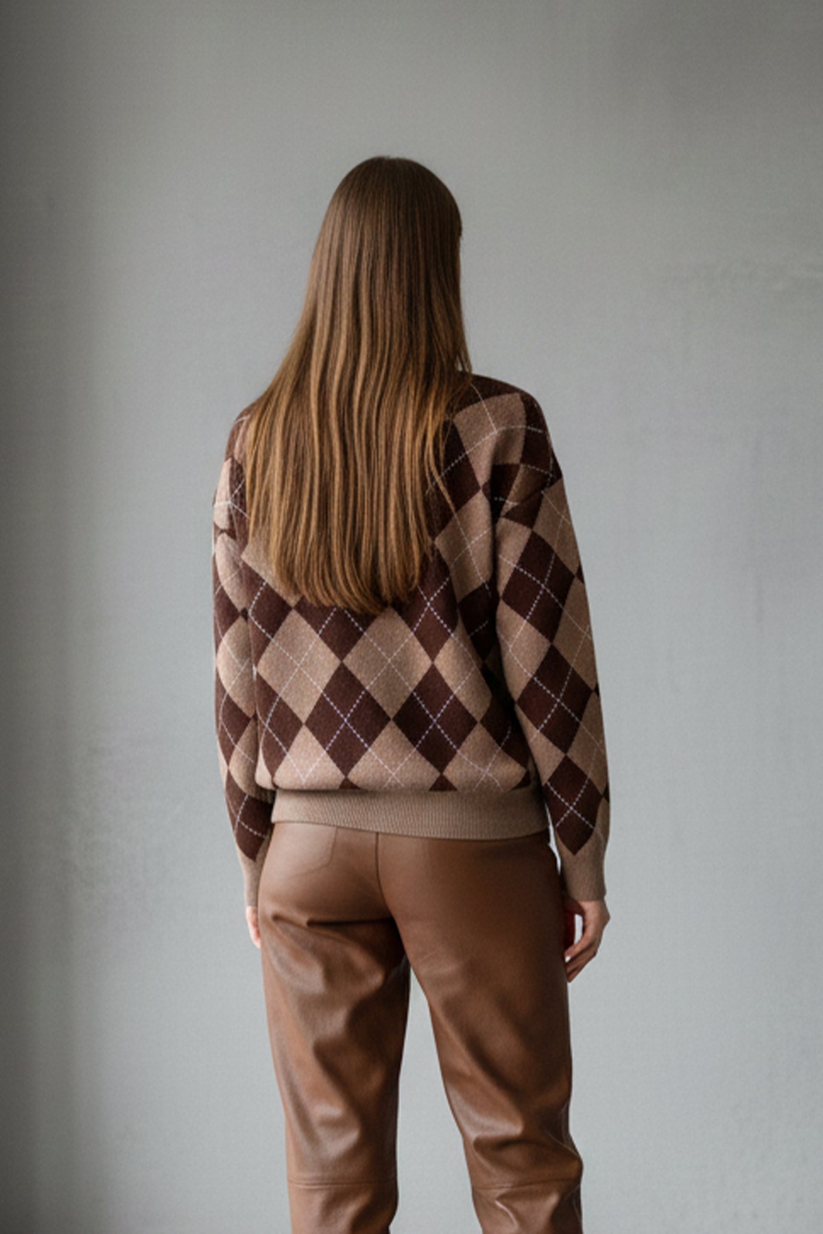 Bisiklet Yaka Oxford Baklava Desen Oversize Triko