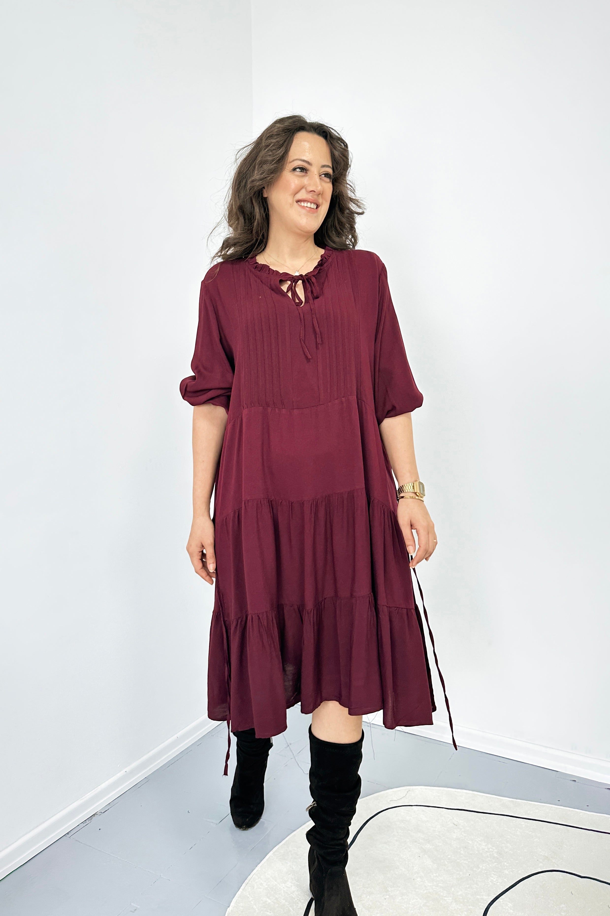 Bağlama Yaka Detaylı Kat Kat Viskon Elbise